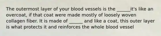 The outermost layer of your blood vessels is the ______it's like an overcoat, if that coat were made mostly of loosely woven collagen fiber. It is made of ______ and like a coat, this outer layer is what protects it and reinforces the whole blood vessel