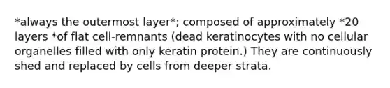 *always the outermost layer*; composed of approximately *20 layers *of flat cell-remnants (dead keratinocytes with no cellular organelles filled with only keratin protein.) They are continuously shed and replaced by cells from deeper strata.