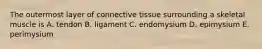 The outermost layer of connective tissue surrounding a skeletal muscle is A. tendon B. ligament C. endomysium D. epimysium E. perimysium