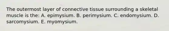 The outermost layer of connective tissue surrounding a skeletal muscle is the: A. epimysium. B. perimysium. C. endomysium. D. sarcomysium. E. myomysium.