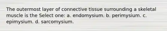 The outermost layer of <a href='https://www.questionai.com/knowledge/kYDr0DHyc8-connective-tissue' class='anchor-knowledge'>connective tissue</a> surrounding a <a href='https://www.questionai.com/knowledge/klixZejDS2-skeletal-muscle' class='anchor-knowledge'>skeletal muscle</a> is the Select one: a. endomysium. b. perimysium. c. epimysium. d. sarcomysium.