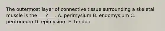 The outermost layer of connective tissue surrounding a skeletal muscle is the ___?___. A. perimysium B. endomysium C. peritoneum D. epimysium E. tendon