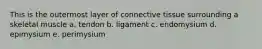 This is the outermost layer of connective tissue surrounding a skeletal muscle a. tendon b. ligament c. endomysium d. epimysium e. perimysium