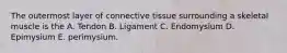 The outermost layer of connective tissue surrounding a skeletal muscle is the A. Tendon B. Ligament C. Endomysium D. Epimysium E. perimysium.