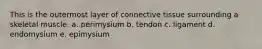 This is the outermost layer of connective tissue surrounding a skeletal muscle. a. perimysium b. tendon c. ligament d. endomysium e. epimysium