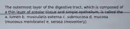 The outermost layer of the digestive tract, which is composed of a thin layer of areolar tissue and simple epithelium, is called the a. lumen b. muscularis externa c. submucosa d. mucosa (mucosus membrane) e. serosa (mesentery)