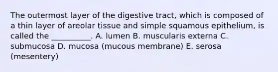 The outermost layer of the digestive tract, which is composed of a thin layer of areolar tissue and simple squamous epithelium, is called the __________. A. lumen B. muscularis externa C. submucosa D. mucosa (mucous membrane) E. serosa (mesentery)