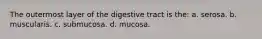 The outermost layer of the digestive tract is the: a. serosa. b. muscularis. c. submucosa. d. mucosa.