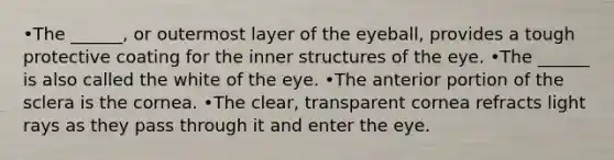 •The ______, or outermost layer of the eyeball, provides a tough protective coating for the inner structures of the eye. •The ______ is also called the white of the eye. •The anterior portion of the sclera is the cornea. •The clear, transparent cornea refracts light rays as they pass through it and enter the eye.