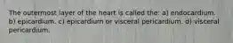 The outermost layer of the heart is called the: a) endocardium. b) epicardium. c) epicardium or visceral pericardium. d) visceral pericardium.