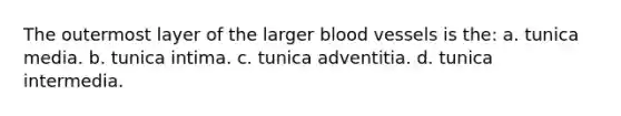 The outermost layer of the larger blood vessels is the: a. tunica media. b. tunica intima. c. tunica adventitia. d. tunica intermedia.