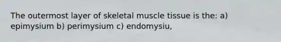 The outermost layer of skeletal muscle tissue is the: a) epimysium b) perimysium c) endomysiu,