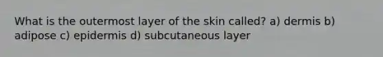 What is the outermost layer of the skin called? a) dermis b) adipose c) epidermis d) subcutaneous layer