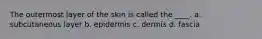 The outermost layer of the skin is called the ____. a. subcutaneous layer b. epidermis c. dermis d. fascia