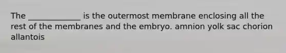 The _____________ is the outermost membrane enclosing all the rest of the membranes and the embryo. amnion yolk sac chorion allantois