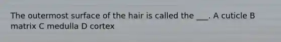 The outermost surface of the hair is called the ___. A cuticle B matrix C medulla D cortex