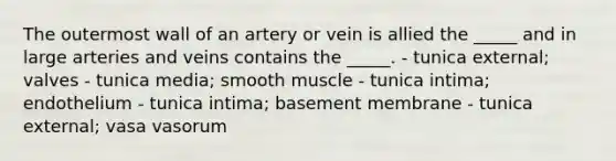 The outermost wall of an artery or vein is allied the _____ and in large arteries and veins contains the _____. - tunica external; valves - tunica media; smooth muscle - tunica intima; endothelium - tunica intima; basement membrane - tunica external; vasa vasorum