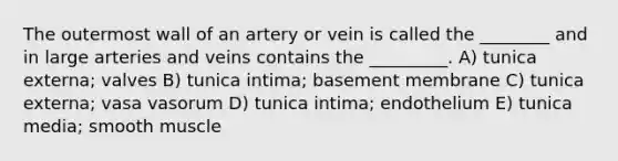 The outermost wall of an artery or vein is called the ________ and in large arteries and veins contains the _________. A) tunica externa; valves B) tunica intima; basement membrane C) tunica externa; vasa vasorum D) tunica intima; endothelium E) tunica media; smooth muscle