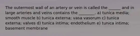 The outermost wall of an artery or vein is called the ______ and in large arteries and veins contains the ________. a) tunica media; smooth muscle b) tunica externa; vasa vasorum c) tunica externa; valves d) tunica intima; endothelium e) tunica intima; basement membrane