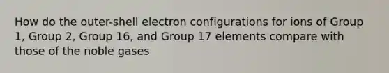 How do the outer-shell electron configurations for ions of Group 1, Group 2, Group 16, and Group 17 elements compare with those of the noble gases