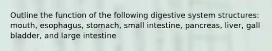 Outline the function of the following digestive system structures: mouth, esophagus, stomach, small intestine, pancreas, liver, gall bladder, and large intestine