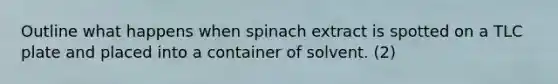 Outline what happens when spinach extract is spotted on a TLC plate and placed into a container of solvent. (2)