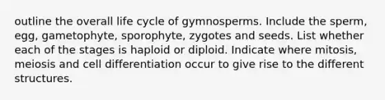 outline the overall life cycle of gymnosperms. Include the sperm, egg, gametophyte, sporophyte, zygotes and seeds. List whether each of the stages is haploid or diploid. Indicate where mitosis, meiosis and cell differentiation occur to give rise to the different structures.