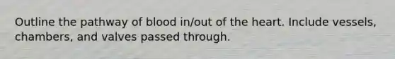 Outline the pathway of blood in/out of the heart. Include vessels, chambers, and valves passed through.