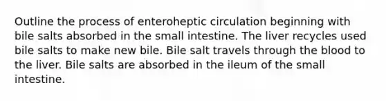 Outline the process of enteroheptic circulation beginning with bile salts absorbed in the small intestine. The liver recycles used bile salts to make new bile. Bile salt travels through the blood to the liver. Bile salts are absorbed in the ileum of the small intestine.