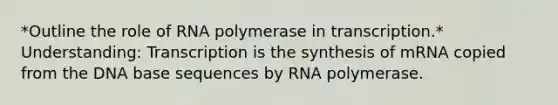 *Outline the role of RNA polymerase in transcription.* Understanding: Transcription is the synthesis of mRNA copied from the DNA base sequences by RNA polymerase.