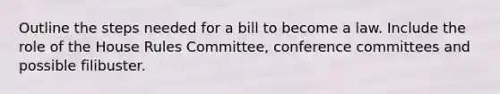 Outline the steps needed for a bill to become a law. Include the role of the House Rules Committee, conference committees and possible filibuster.