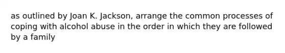 as outlined by Joan K. Jackson, arrange the common processes of coping with alcohol abuse in the order in which they are followed by a family