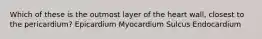 Which of these is the outmost layer of the heart wall, closest to the pericardium? Epicardium Myocardium Sulcus Endocardium