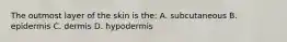 The outmost layer of the skin is the: A. subcutaneous B. epidermis C. dermis D. hypodermis