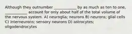 Although they outnumber ____________ by as much as ten to one, ____________ account for only about half of the total volume of the nervous system. A) neuroglia; neurons B) neurons; glial cells C) interneurons; sensory neurons D) astrocytes; oligodendrocytes