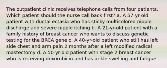 The outpatient clinic receives telephone calls from four patients. Which patient should the nurse call back first? a. A 57-yr-old patient with ductal ectasia who has sticky multicolored nipple discharge and severe nipple itching b. A 21-yr-old patient with a family history of breast cancer who wants to discuss genetic testing for the BRCA gene c. A 40-yr-old patient who still has left side chest and arm pain 2 months after a left modified radical mastectomy d. A 50-yr-old patient with stage 2 breast cancer who is receiving doxorubicin and has ankle swelling and fatigue