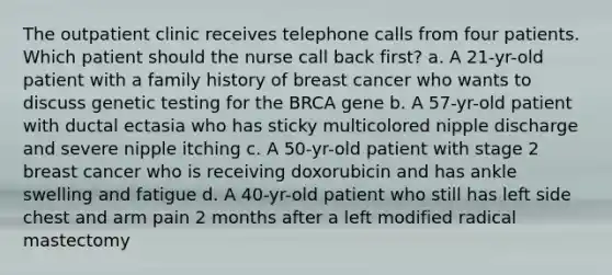 The outpatient clinic receives telephone calls from four patients. Which patient should the nurse call back first? a. A 21-yr-old patient with a family history of breast cancer who wants to discuss genetic testing for the BRCA gene b. A 57-yr-old patient with ductal ectasia who has sticky multicolored nipple discharge and severe nipple itching c. A 50-yr-old patient with stage 2 breast cancer who is receiving doxorubicin and has ankle swelling and fatigue d. A 40-yr-old patient who still has left side chest and arm pain 2 months after a left modified radical mastectomy