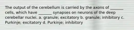 The output of the cerebellum is carried by the axons of _______ cells, which have _______ synapses on neurons of the deep cerebellar nuclei. a. granule; excitatory b. granule; inhibitory c. Purkinje; excitatory d. Purkinje; inhibitory