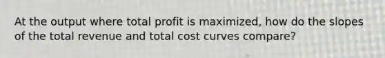 At the output where total profit is maximized, how do the slopes of the total revenue and total cost curves compare?