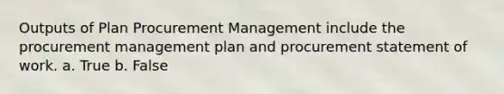 Outputs of Plan Procurement Management include the procurement management plan and procurement statement of work. a. True b. False