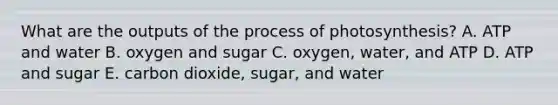 What are the outputs of the process of photosynthesis? A. ATP and water B. oxygen and sugar C. oxygen, water, and ATP D. ATP and sugar E. carbon dioxide, sugar, and water