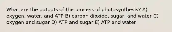 What are the outputs of the process of photosynthesis? A) oxygen, water, and ATP B) carbon dioxide, sugar, and water C) oxygen and sugar D) ATP and sugar E) ATP and water