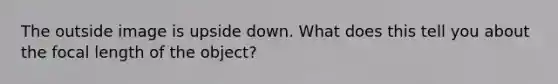 The outside image is upside down. What does this tell you about the focal length of the object?