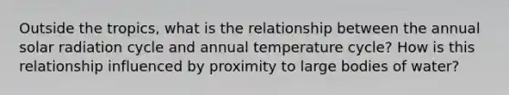 Outside the tropics, what is the relationship between the annual solar radiation cycle and annual temperature cycle? How is this relationship influenced by proximity to large bodies of water?