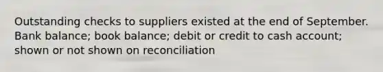 Outstanding checks to suppliers existed at the end of September. Bank balance; book balance; debit or credit to cash account; shown or not shown on reconciliation