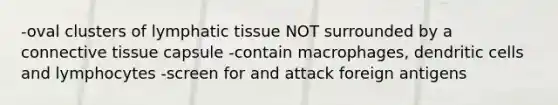 -oval clusters of lymphatic tissue NOT surrounded by a connective tissue capsule -contain macrophages, dendritic cells and lymphocytes -screen for and attack foreign antigens