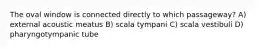 The oval window is connected directly to which passageway? A) external acoustic meatus B) scala tympani C) scala vestibuli D) pharyngotympanic tube