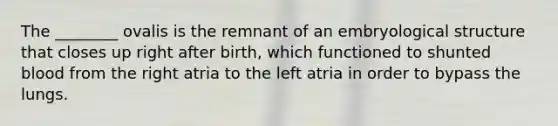 The ________ ovalis is the remnant of an embryological structure that closes up right after birth, which functioned to shunted blood from the right atria to the left atria in order to bypass the lungs.