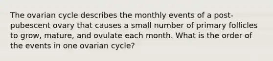 The ovarian cycle describes the monthly events of a post-pubescent ovary that causes a small number of primary follicles to grow, mature, and ovulate each month. What is the order of the events in one ovarian cycle?