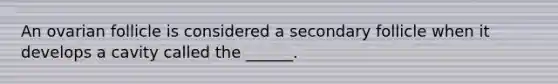 An ovarian follicle is considered a secondary follicle when it develops a cavity called the ______.